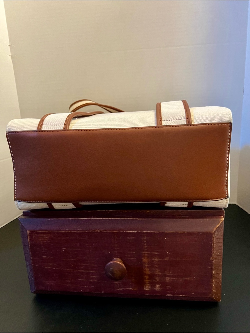 Anne Klein Cream Canvas Tote with Brown Trim and Double Handles - Picture 8 of 10